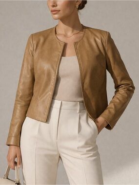 Danier Tan Leather Cropped Jacket Minimalist Zip Genuine Leather M Quiet Luxury